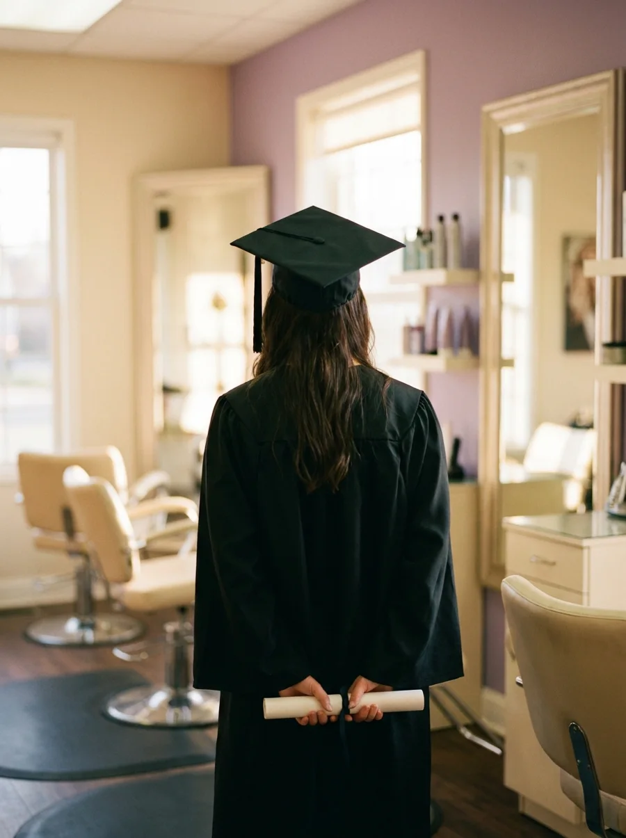 A graduate in a cap and gown holding a diploma, standing in a hair salon