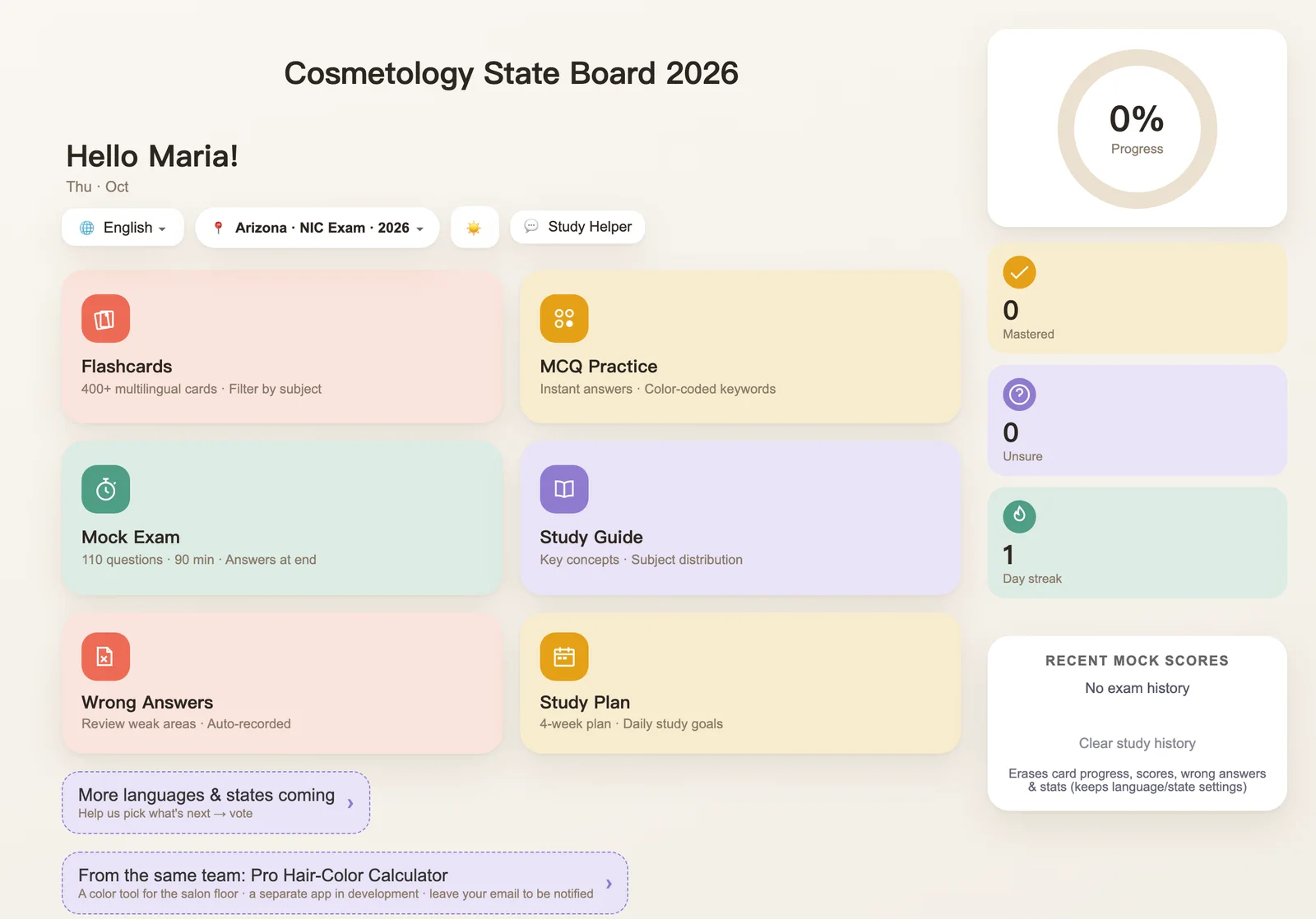 CosmoPass on a tablet showing flashcards, practice questions, mock exam and study plan