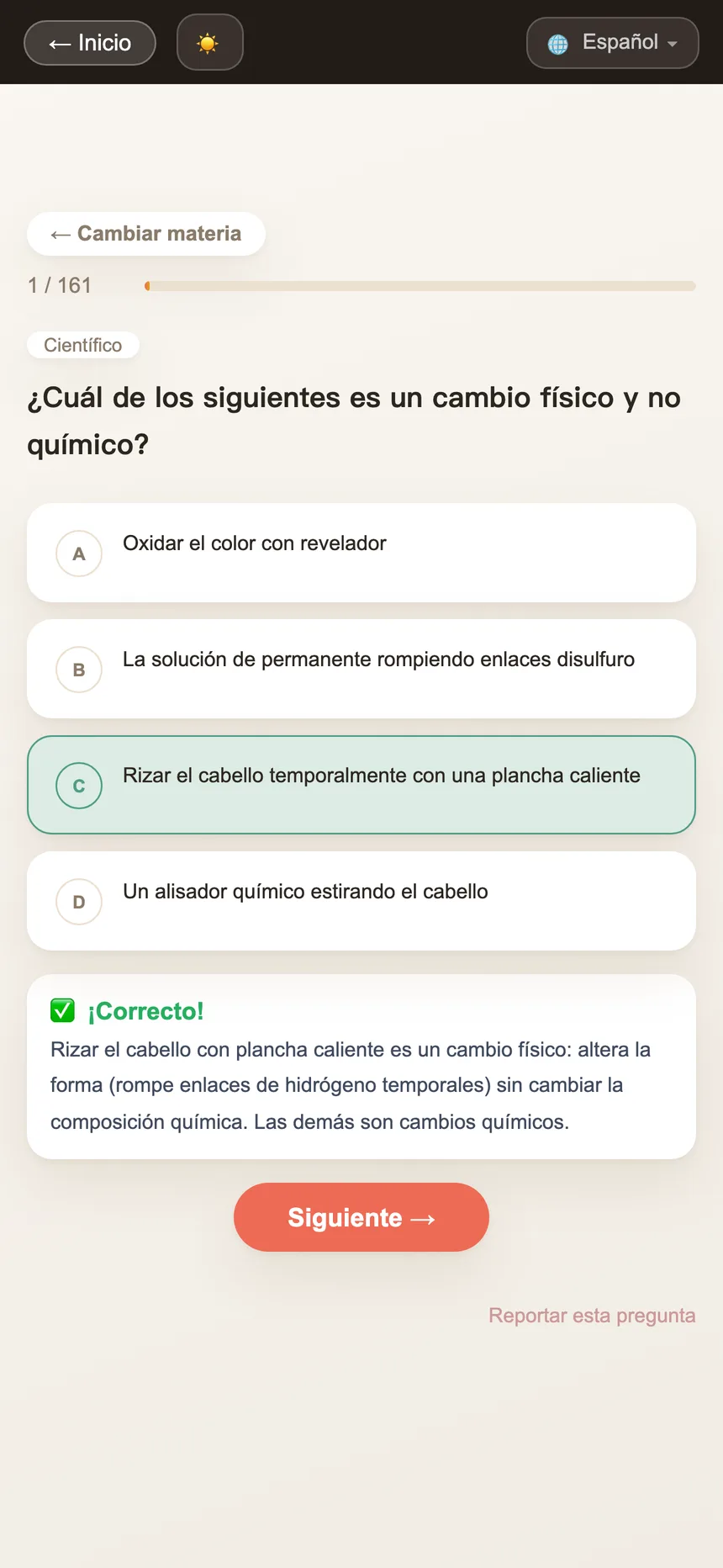 The same study screen shown in Spanish